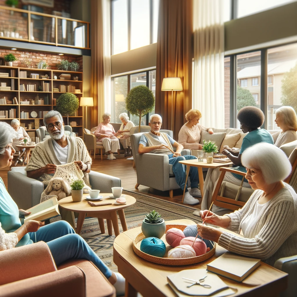 A cozy living area in a residential care facility with seniors engaging in activities like reading, knitting, and chatting.