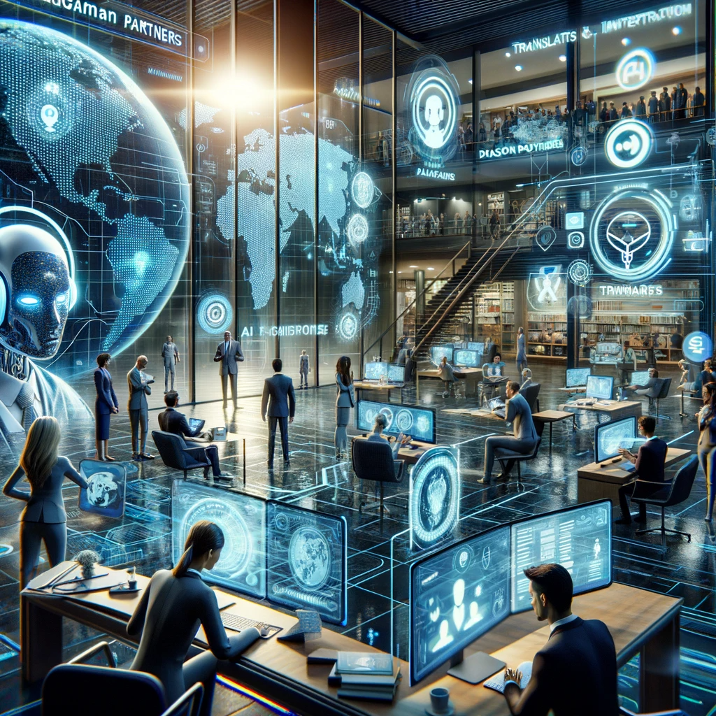 A futuristic image showcasing professional translators and interpreters working with advanced technology in a high-tech office, symbolizing innovation in translation services.