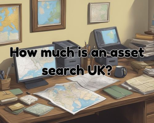 A detective's desk cluttered with files, a computer, and a magnifying glass, with a map of the UK pinned to the wall